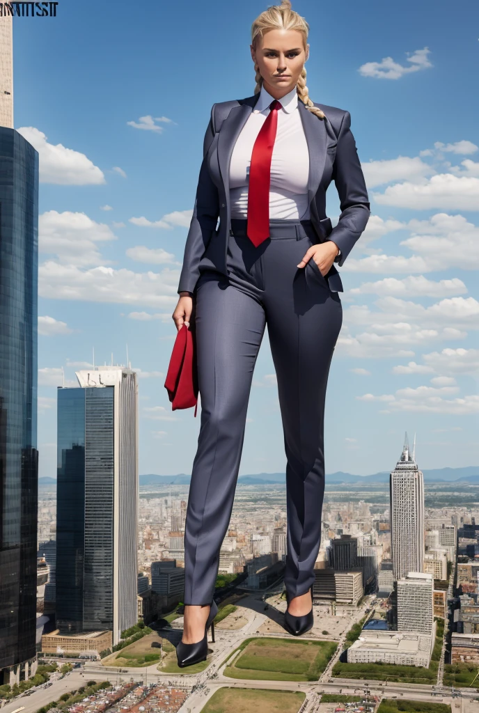 Highly detailed Giantess shot, Giantess,  blonde hair in a braided ponytail, women who are 100’s miles tall, feet dwarfing a skyscraper, big breasts, perfect gray trouser suit and form fitting crisp white shirt, thick wide and long red tie, windsor knot, high heels, very small metropolis, miniature metropolis, crush the big city, full body description, ＧＴＳ, Giga Goddess, Stomping City, crash city, micro city, High resolution, highest quality, masterpiece, 