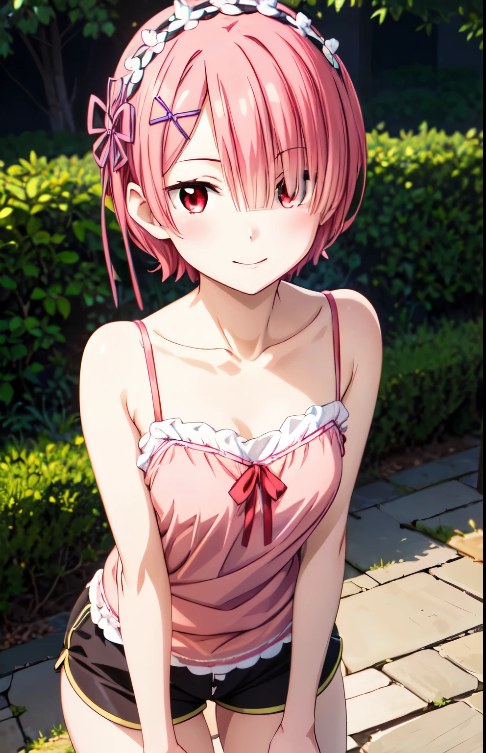 Best Quality, 超 High Resolution , Maximum resolution,( anime illustration style:1.5),One Girl、smile、Embarrassed、 High Resolution 、超 High Resolution ,　 Sexy Poses、 1 girl, Closed Mouth、smile,blush、garden、Standing, ( camisole、 shorts:1.5)、attractive pink beautiful hair、 shortcuts 、Hands on chest、 (Attractive eyes、Red eyes),(smile), one eye is hidden, (Cover your right eye),  Hair Over One Eye , HAIR ACCESSORIES、 cowboy shot、  perfect lighting, Extremely detailed CG、 (Genuine、Realisticな、Realistic)、Leaning forward