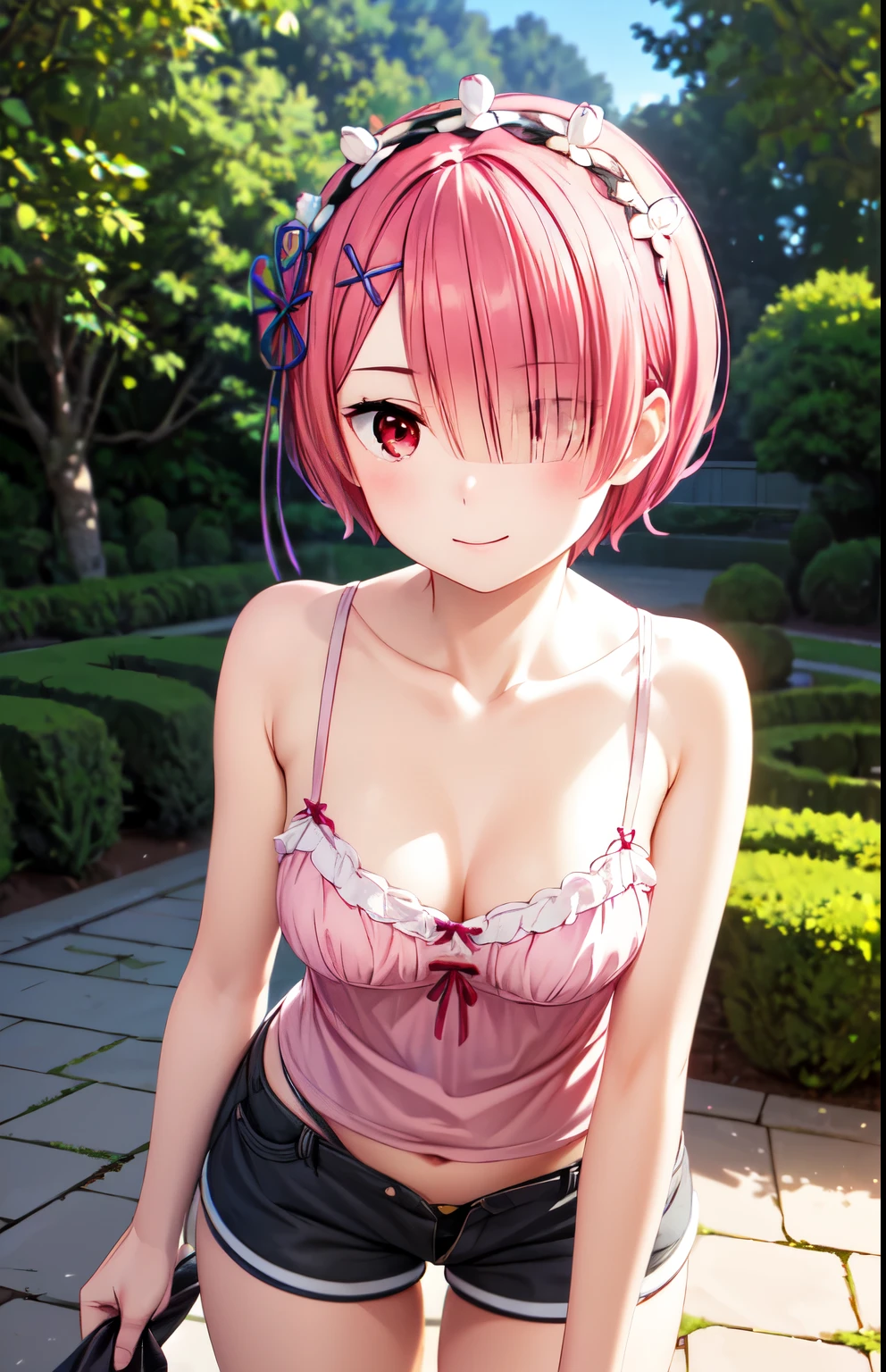  very detailed , 4K,8k,Extremely detailed CG、Embarrassed、 High Resolution 、超 High Resolution ,　ram、 Sexy Poses、( animated illustration style )、 1 girl, Closed Mouth、smile,blush、garden、Standing, ( camisole、 shorts:1.5)、attractive pink beautiful hair、 shortcuts 、Hands on chest、 (Attractive eyes、Red eyes),(smile), one eye is hidden, (Cover your right eye),  Hair Over One Eye , HAIR ACCESSORIES、 cowboy shot、  perfect lighting, Extremely detailed CG、 (Genuine、Realisticな、Realistic)、Leaning forward

