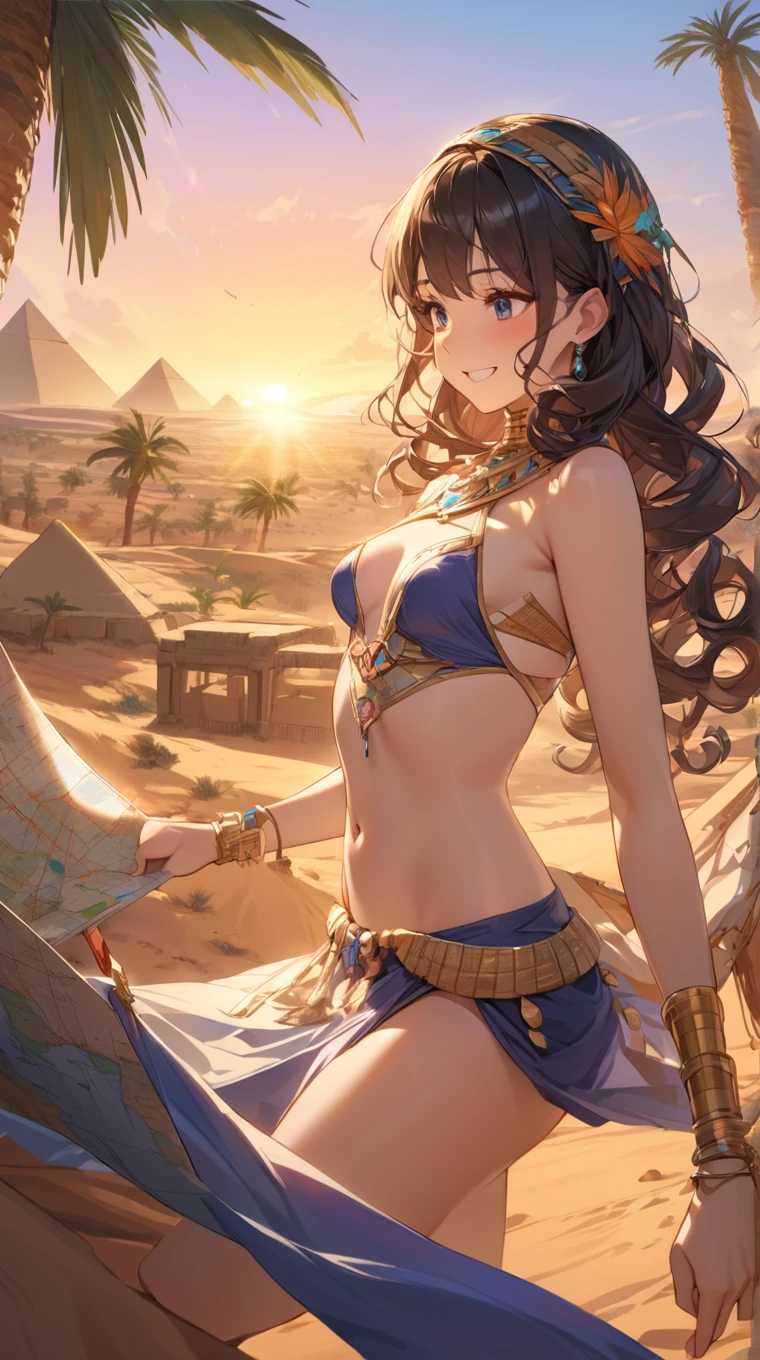 masterpiece,best quality,1girl,miriam,outfit-nitocris,smile,desert,pyramid \(structure\),sunlight,<lora:outfit-nitocris-pynoise:1>,<lora:miriam:1>,