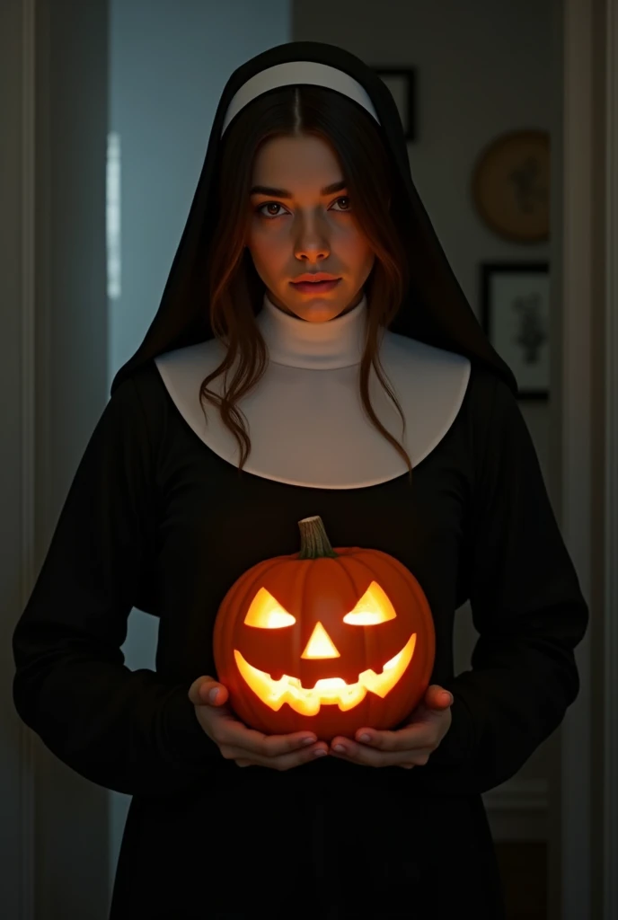 a young woman with long dark brown hair, beautiful young woman wearing nun dress, in a dark room with dim light holding jack-o-lantern 