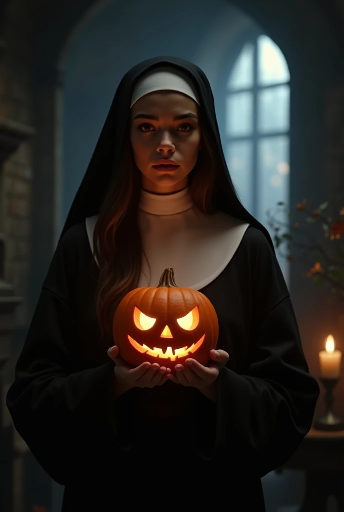 a young woman with long dark brown hair, beautiful young woman wearing nun dress, in a dark room with dim light holding jack-o-lantern 