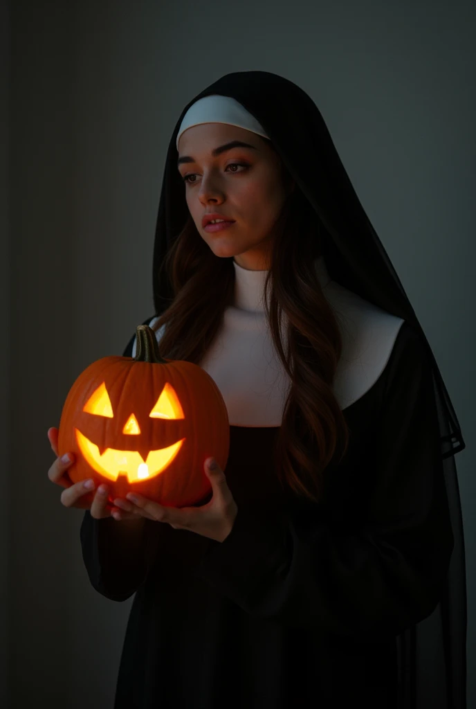 a young woman with long dark brown hair, beautiful young woman wearing nun dress, in a dark room with dim light holding jack-o-lantern 