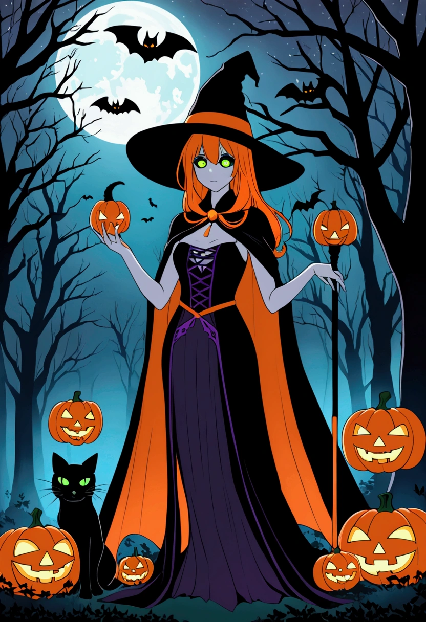 score_9, score_8_up, score_7_up, upscale 2x, 1girl as a mystical witch dressed in a Halloween-themed outfit. has a tall, pointed witch's hat decorated with tiny pumpkins and bats, and wears a flowing cape in shades of orange, purple, and black. She holds a magical staff that emits a faint green glow. Around her are glowing jack-o'-lanterns, hovering ghostly figures, and black cats with glowing eyes. The scene is set in a dark, misty forest with a full moon casting an eerie light, creating a spooky yet enchanting Halloween atmosphere
