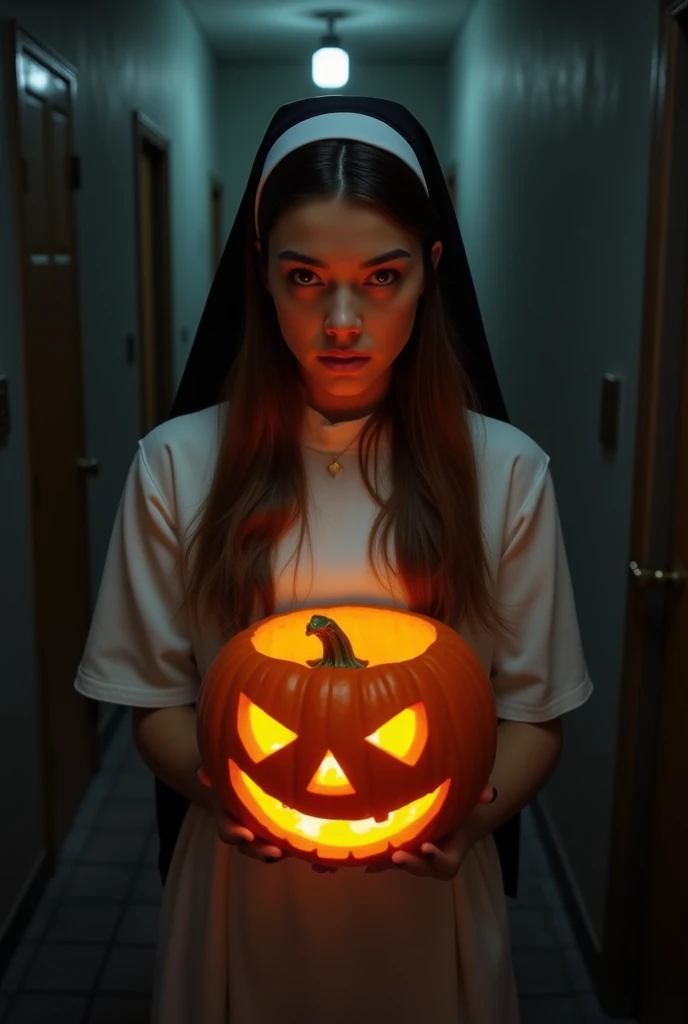 a young woman with long dark brown hair, beautiful young woman wearing nun dress, in a creepy dark room with dim light holding jack-o-lantern 