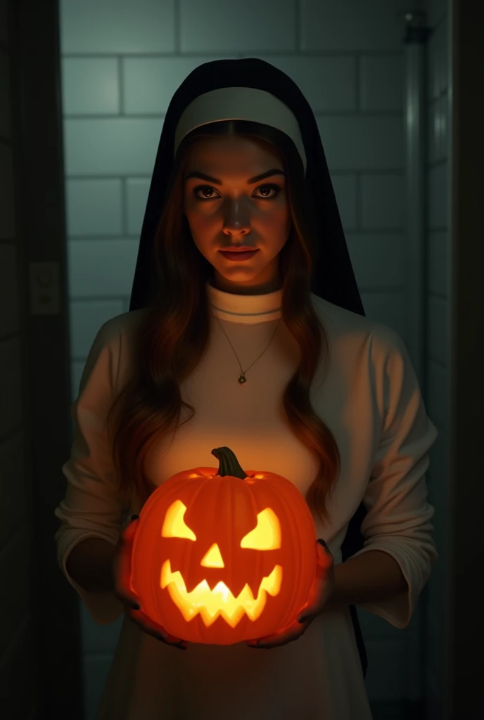 a young woman with long dark brown hair, beautiful young woman wearing nun dress, in a creepy dark room with dim light holding jack-o-lantern 