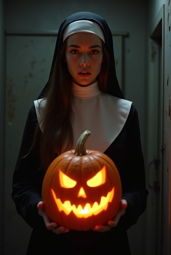 a young woman with long dark brown hair, beautiful young woman wearing nun dress, in a creepy dark room with dim light holding jack-o-lantern 