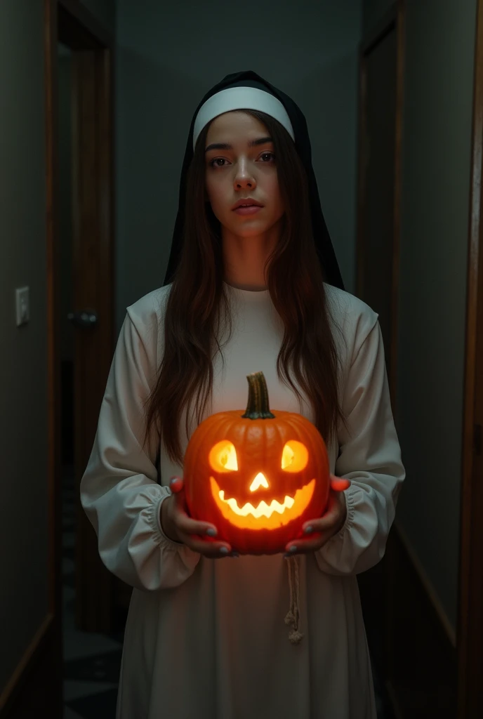 a young woman with long dark brown hair, beautiful young woman wearing nun dress, in a creepy dark room with dim light holding jack-o-lantern 