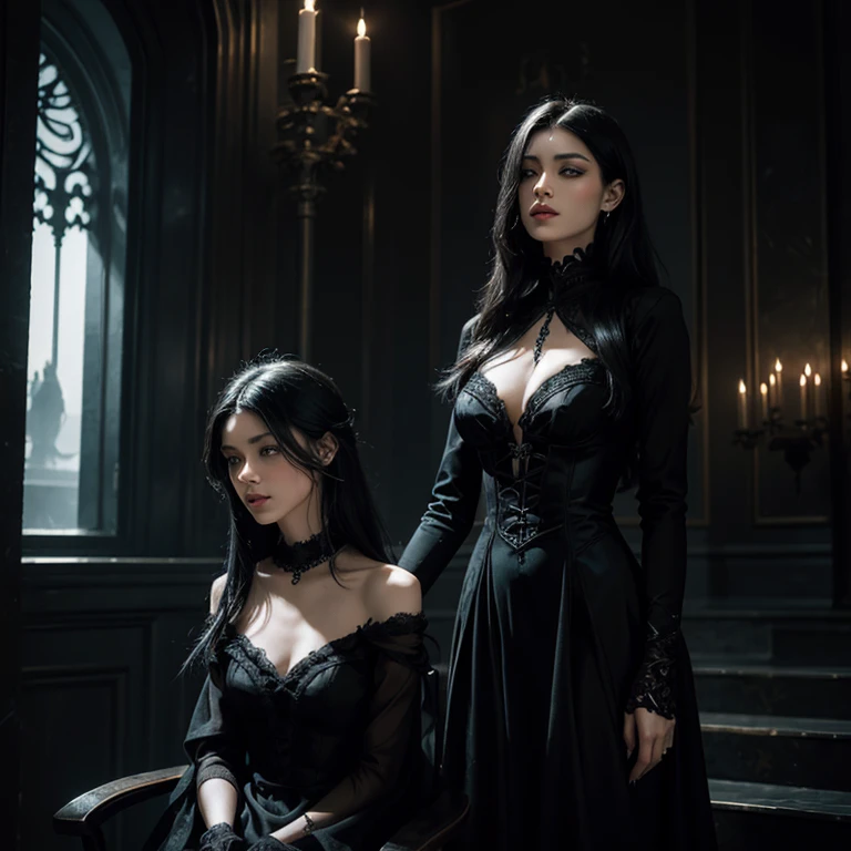 Create a stylish and powerful vampire, with long black hair and bright red eyes. Your skin is pale and flawless, and she wears a sophisticated gothic dress, Dark in color, with subtle silver or red details. next to her, include another girl with a puzzled or scared expression, with hair and clothes that contrast with the vampire, perhaps in lighter tones or with a more modern style. The background should be a dark and mysterious environment., like an ancient castle or a mansion, with soft lighting that highlights the figures.