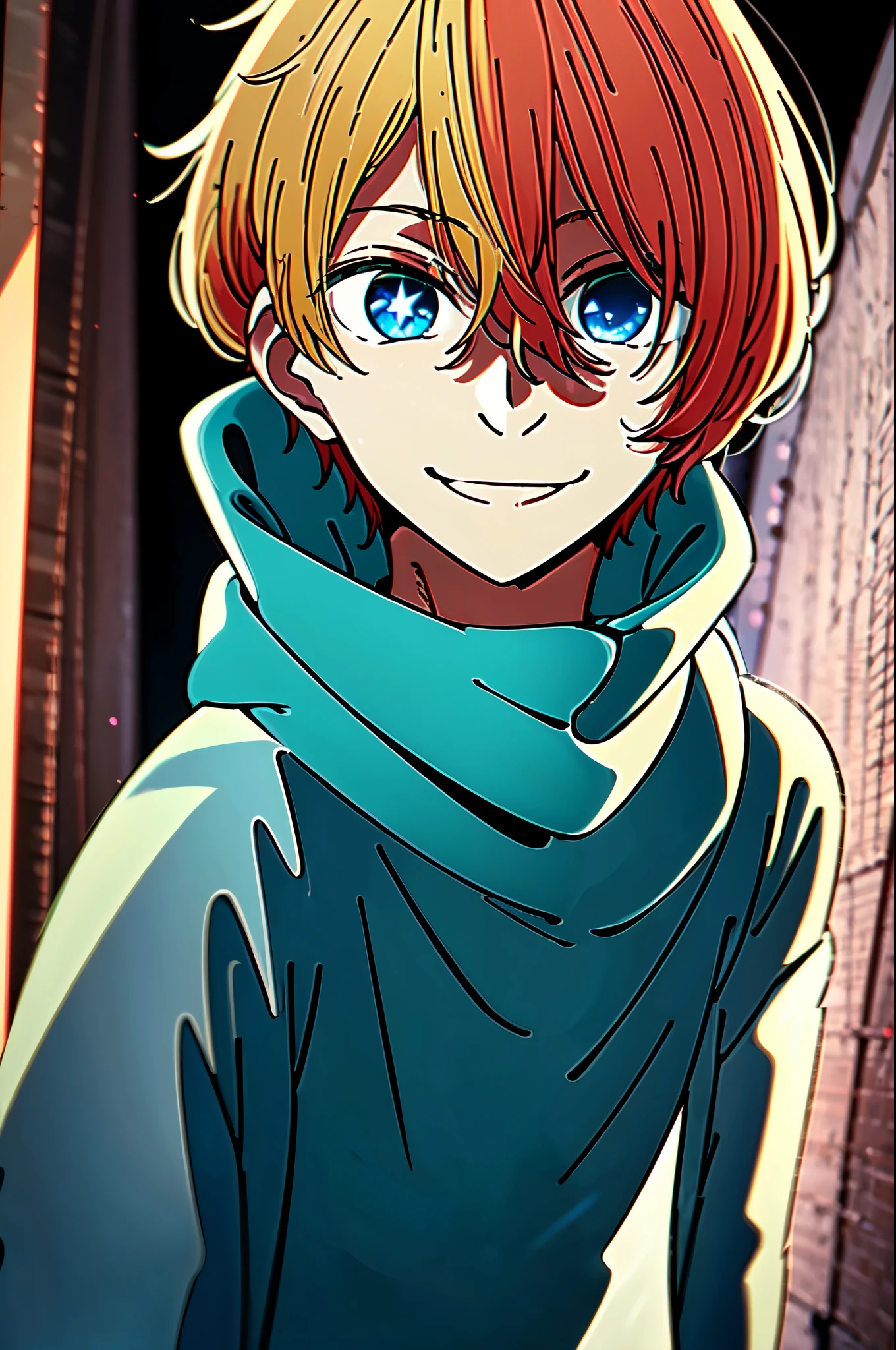 1boy, Aqua Hoshino, upperbody visible, dark scenery, star in left eye, blonde hair, oshi no ko, 4k, best details, detailed eyes, evil smile,
