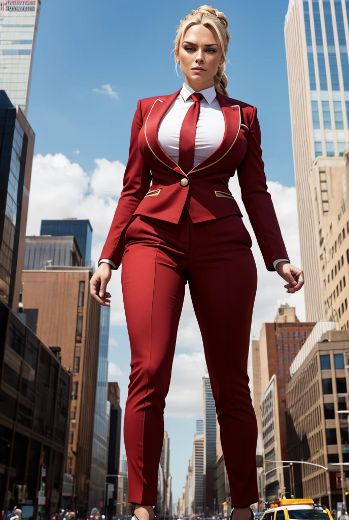 Highly detailed Giantess shot, Giantess,  blonde hair in a braided ponytail, women who are 100’s miles tall, feet dwarfing a skyscraper, big breasts, perfect dark red trouser suit and form fitting crisp white shirt, thick wide and long red tie, windsor knot, high heels, very small metropolis, miniature metropolis, crush the big city, full body description, ＧＴＳ, Giga Goddess, Stomping City, crash city, micro city, High resolution, highest quality, masterpiece, 