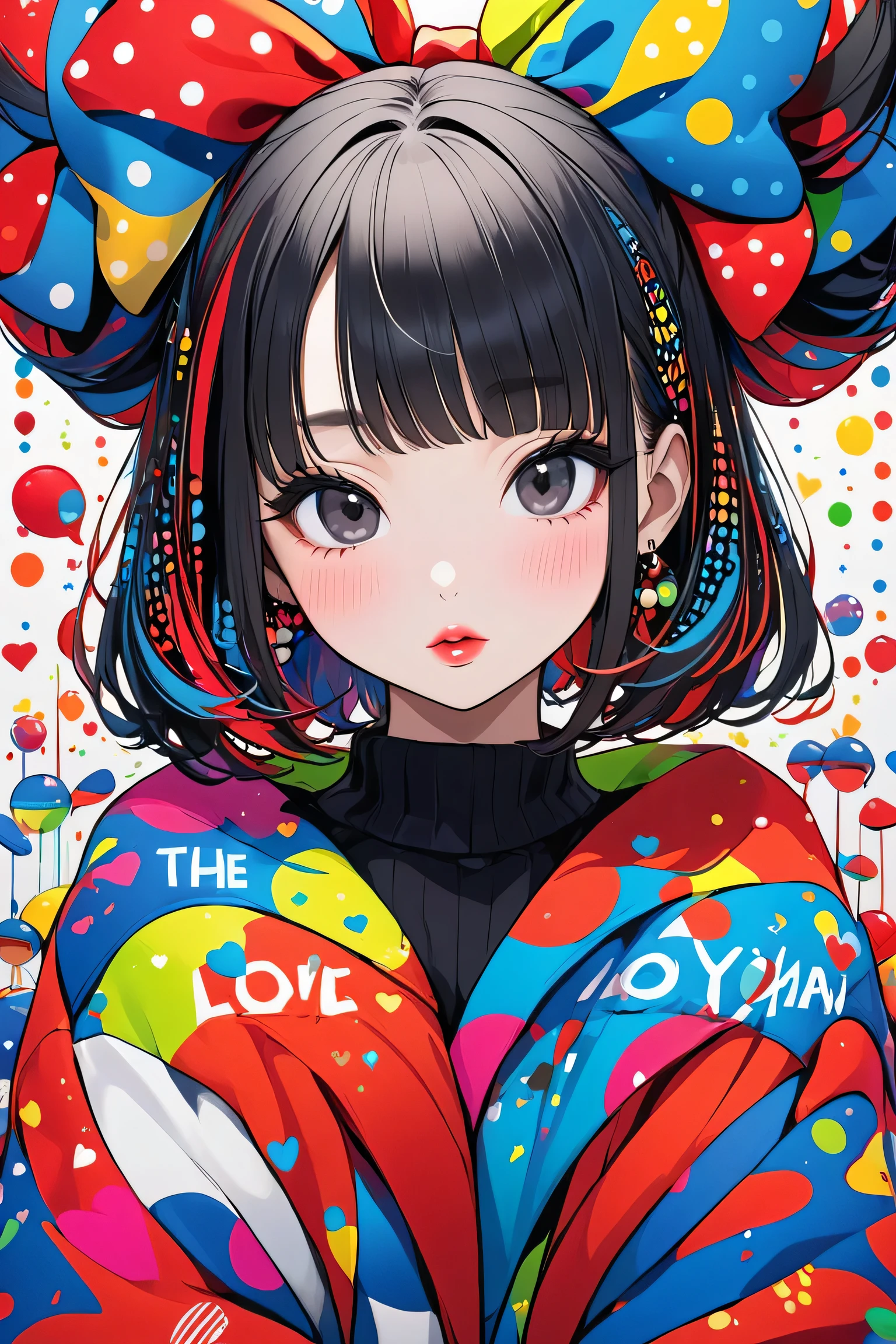 Ultra-realism Yayoi Kusama colorful style, simple line acronym ,Abstract art,(((The most beautiful girls))), Kind Face. Lips in Love, Pop and stylish design , Dark Eyes, (((Holiday Room))), (((Cute Protozoan)))