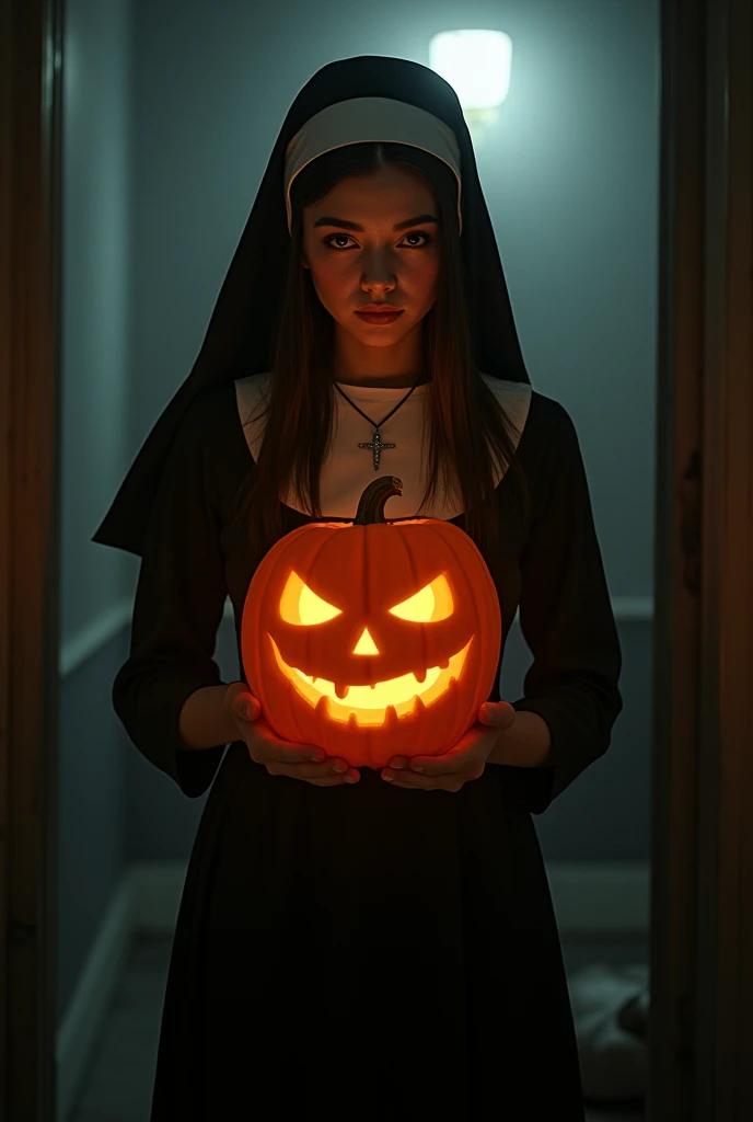 a young woman with long dark brown hair, beautiful young woman wearing nun dress, in a creepy dark room with dim light holding jack-o-lantern,veil,black dress,cross neclace