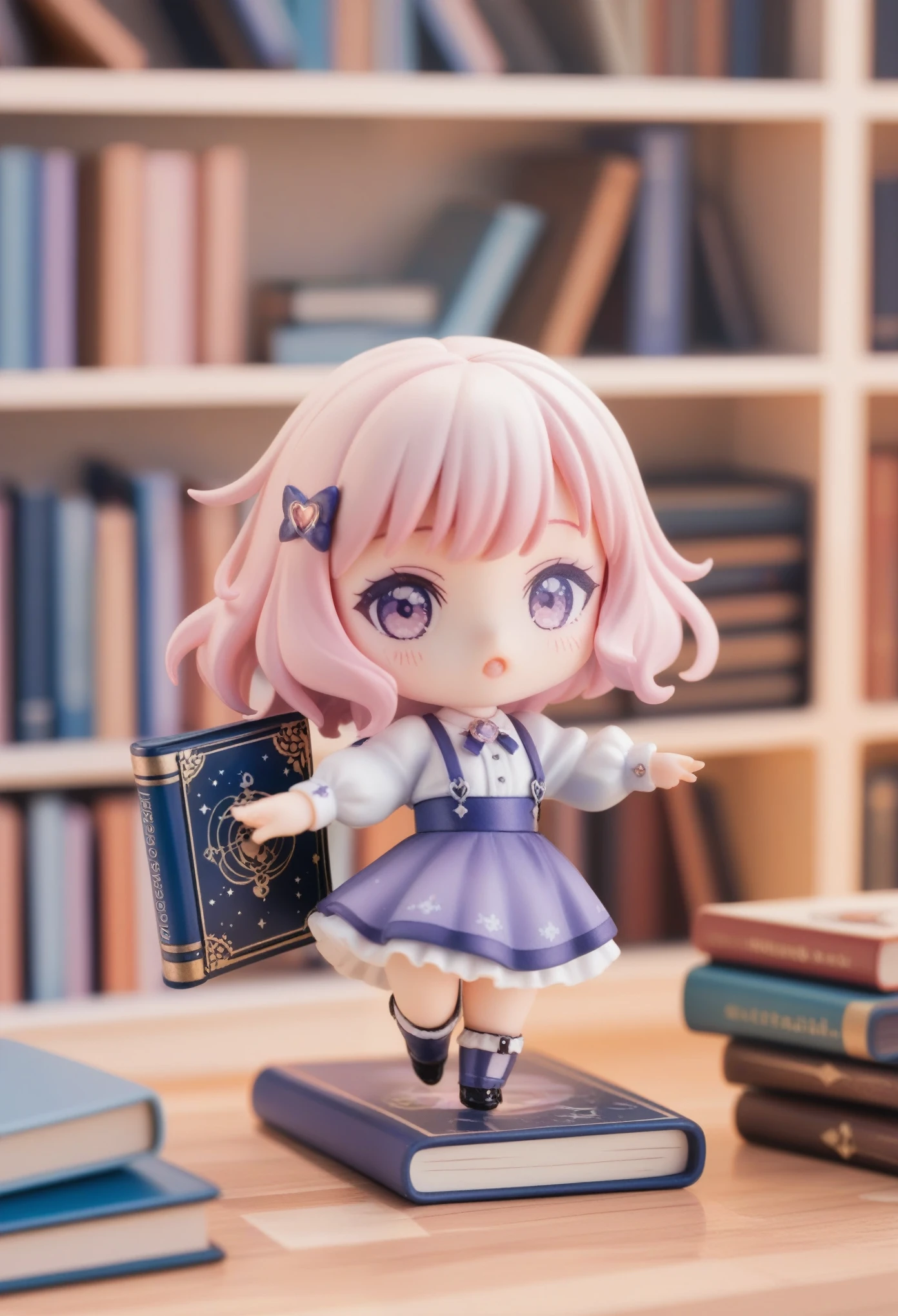 masterpiece, best quality, ultra-detailed, minimal object, chibi, Low Fidelity (lofi) art style, pastel pink and purple tones. A single floating bookshelf drifts through the vastness of space, filled with tiny chibi-sized books. The bookshelf is simple and minimal, yet sturdy, with books occasionally floating out in the weightlessness. Behind the bookshelf, a vast nebula swirls in soft pastel colors, creating a dreamlike, calming backdrop. A small chibi character floats nearby, their back to the viewer, reaching out towards one of the books as it drifts away. The scene is impossible but serene, combining the vastness of space with the quiet intimacy of a floating bookshelf.