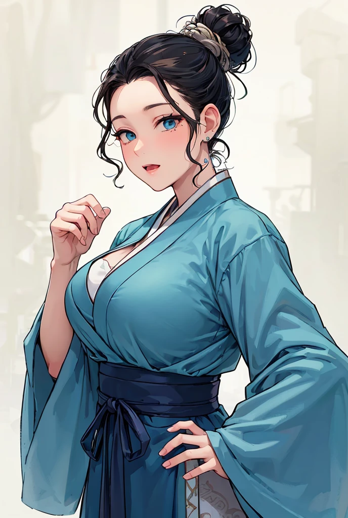 eye makeup , cute girl , detailed eyes , tied hairstyle , white background , face , huge breasts , bright smile , kimono