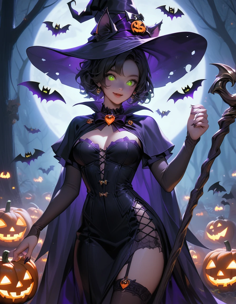 score_9, score_8_up, score_7_up, upscale 2x, 1girl as a mystical witch dressed in a Halloween-themed outfit. has a tall, pointed witch's hat decorated with tiny pumpkins and bats, and wears a flowing cape in shades of orange, purple, and black. She holds a magical staff that emits a faint green glow. Around her are glowing jack-o'-lanterns, hovering ghostly figures, and black cats with glowing eyes. The scene is set in a dark, misty forest with a full moon casting an eerie light, creating a spooky yet enchanting Halloween atmosphere
