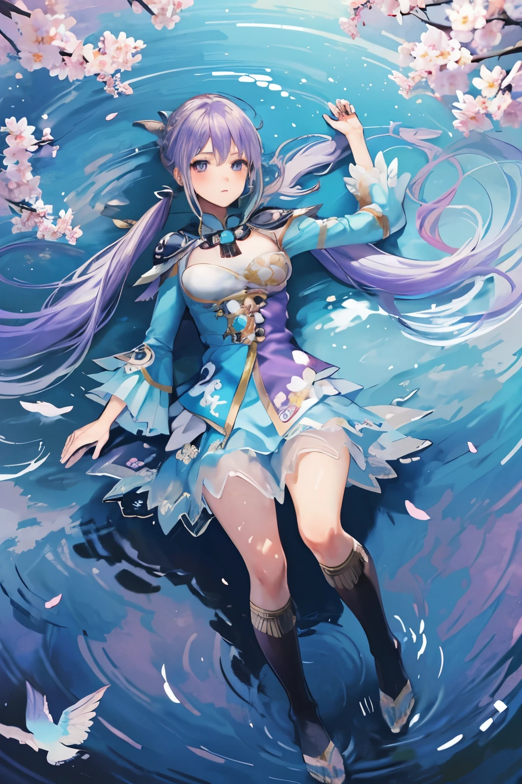 (masterpiece:1.2),best quality,highres,extremely detailed CG,perfect lighting,8k wallpaper,Illustration,sunlight,ray tracing,
rock,cherry blossoms,sakura,hair bun,bare shoulders,off shoulder,(Floral dress:1.2),
keqing_(genshin_impact),(twintails:1.3),
1girl,white skin,shiny skin,model,slender,glamor,(purple hair:1.4),very long hair,blonde hair,blue eyes, tall,floating hair,full body,hand,
,close-up view,lying on the water surface,hrqn,tui,aerial,light_blush,(lying:1.2),Bird's-eye view,