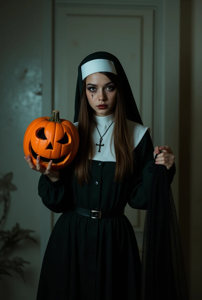 a young woman with long dark brown hair, beautiful young woman wearing nun dress and scary make up, in a creepy dark room with dim light holding jack-o-lantern,veil,black dress,cross neclace