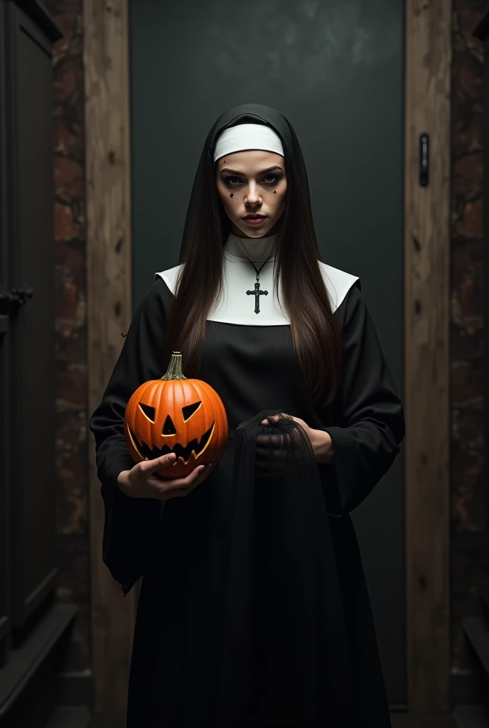 a young woman with long dark brown hair, beautiful young woman wearing nun dress and scary make up, in a creepy dark room with dim light holding jack-o-lantern,veil,black dress,cross neclace