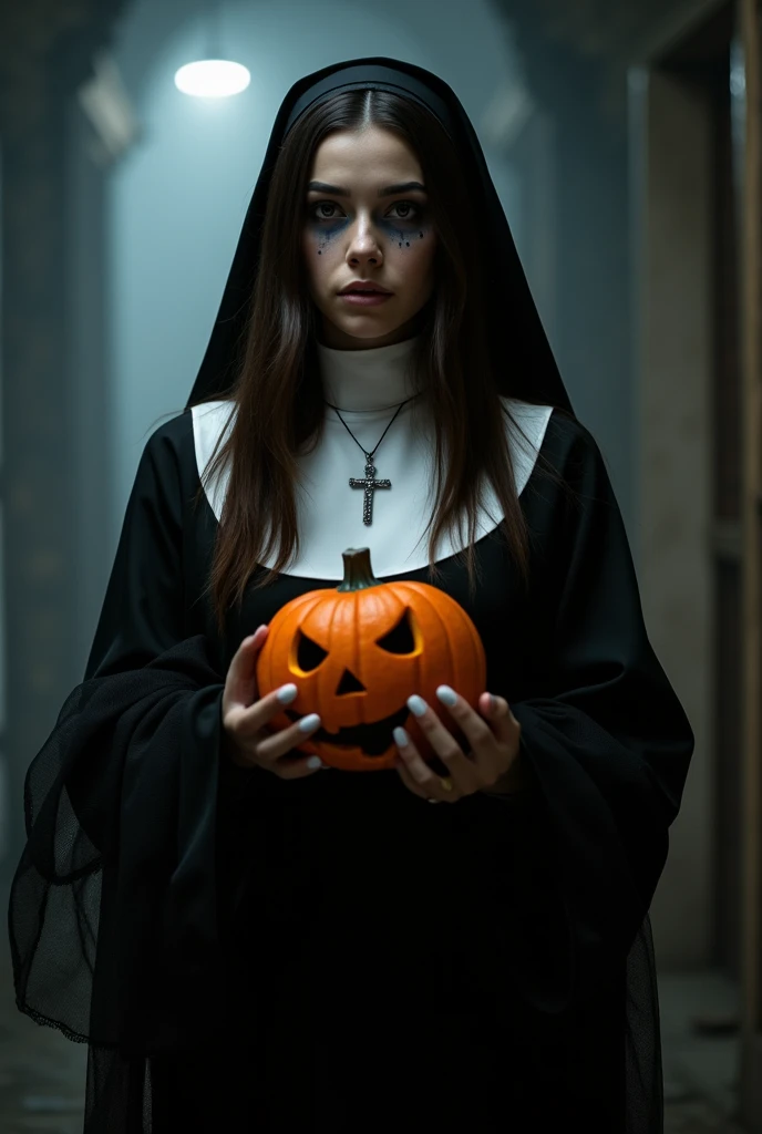 a young woman with long dark brown hair, beautiful young woman wearing nun dress and scary make up, in a creepy dark room with dim light holding jack-o-lantern,veil,black dress,cross neclace