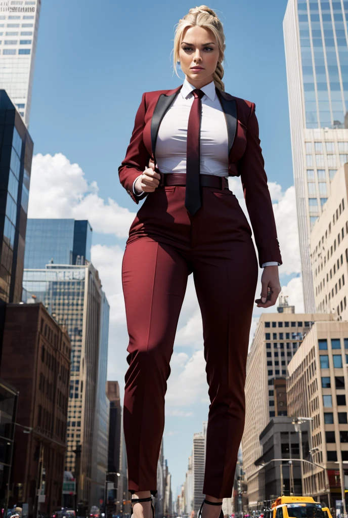 Highly detailed Giantess shot, Giantess,  blonde hair in a braided ponytail, women who are 100’s miles tall, feet dwarfing a skyscraper, big breasts, perfect dark red trouser suit and form fitting crisp white shirt, thick wide and long black necktie, windsor knot, high heels, very small metropolis, miniature metropolis, crush the big city, full body description, ＧＴＳ, Giga Goddess, Stomping City, crash city, micro city, High resolution, highest quality, masterpiece, 