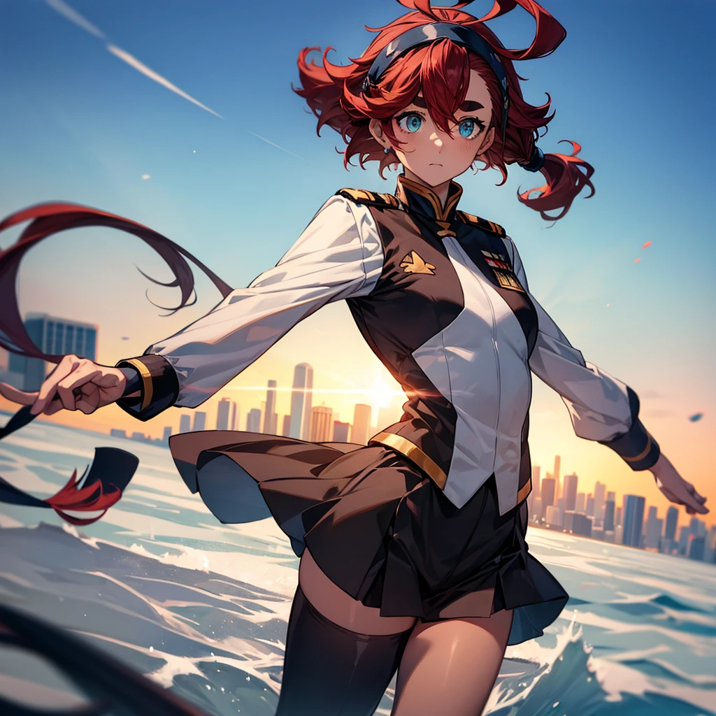 Top quality, full body, sulletamercury, sulleta mercury, ahoge, aqua eyes, black hairband, hair between eyes, hairband, long hair, low ponytail, red hair, swept bangs, thick eyebrows, BREAK asticassia school uniform, jacket, long sleeves, school uniform, white jacket,Hong Kong cityscape in the background