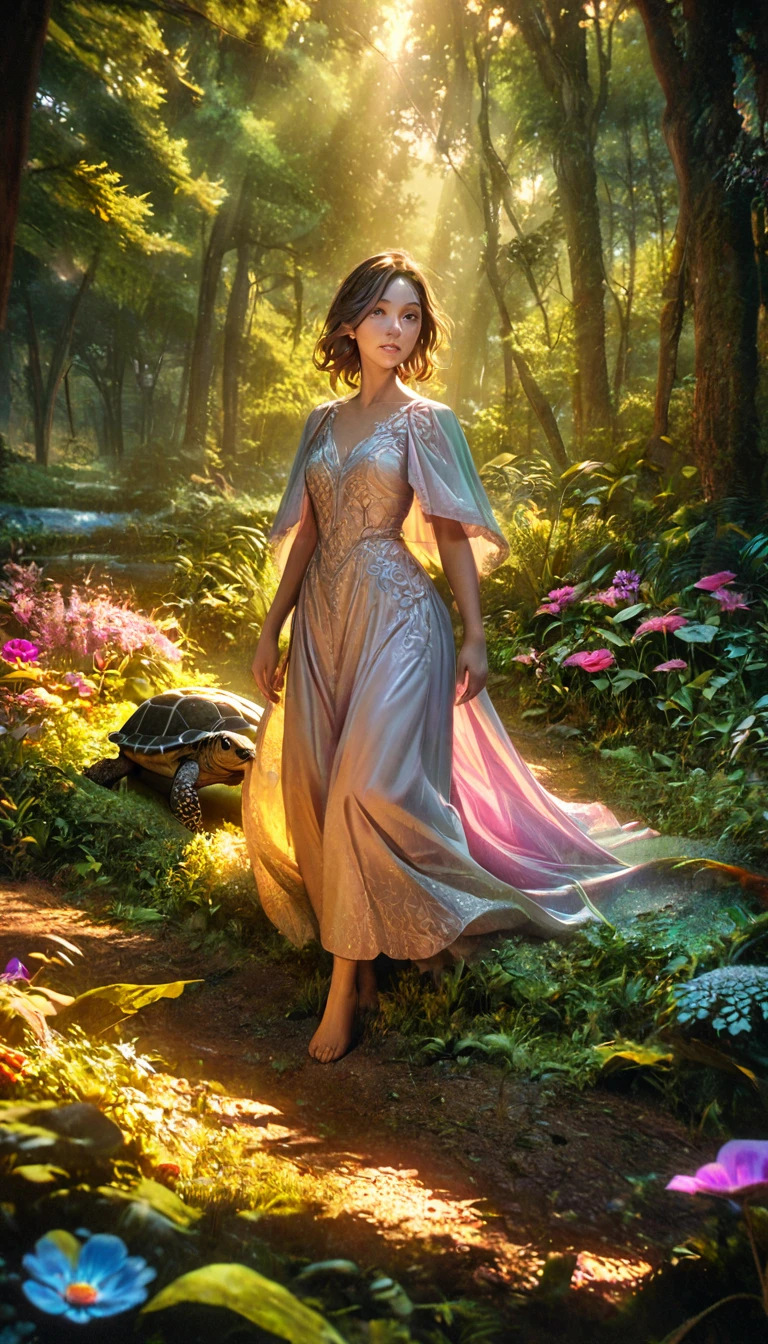 a  with her turtle walking in  a beautiful forest at dawn, idyllic, magical, majestic, epic lighting, 8K, 1girl, detailed face, detailed eyes, detailed lips, long eyelashes, beautiful dress, serene expression, lush foliage, colorful flowers, sunbeams, photorealistic, cinematic, warm colors, dramatic lighting, intricate details