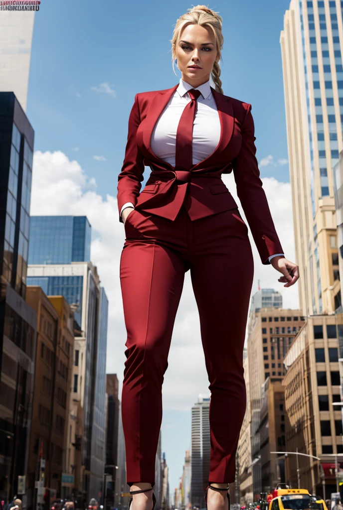 Highly detailed Giantess shot, Giantess,  blonde hair in a braided ponytail, women who are 100’s miles tall, feet dwarfing a skyscraper, big breasts, perfect dark red trouser suit and form fitting crisp white shirt, thick extra wide black necktie, windsor knot, high heels, very small metropolis, miniature metropolis, crush the big city, full body description, ＧＴＳ, Giga Goddess, Stomping City, crash city, micro city, High resolution, highest quality, masterpiece, 