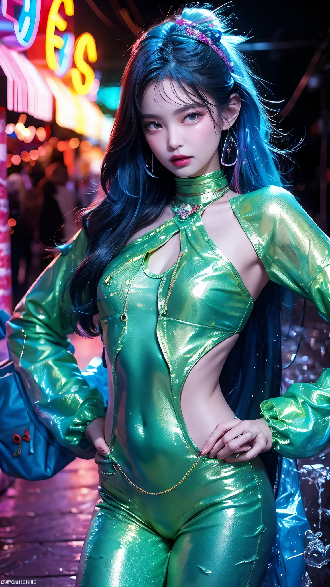 sexy stylish female idol、sexy smile、lipgloss、glossy transparent lipstick、Colorful metallic makeup、long lashes、full body Esbian、sheer latex tight mini skirt(turquoise blue and light green)、Colorful hair
