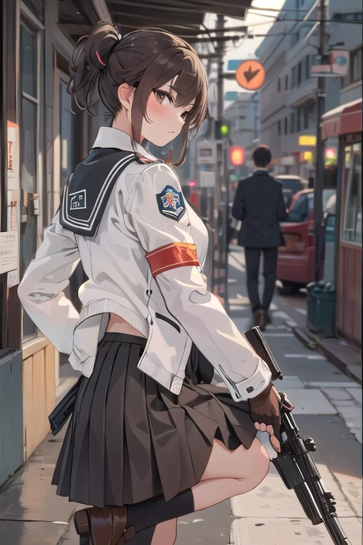   1 girl, Alone, Long Hair,  At the pub, skirt, Brown Hair,   Black Hair  , gloves, holding,   twin tails ,   Brown Eyes  ,     school uniform,   jacket, Full Body,   ponytail, arms, pleated skirt, shoes,   black gloves, socks,     fingerless gloves , holding arms, from side, gun, Check pattern, Knee-length, Check pattern skirt, brown footwear , white   jacket, black socks, , holding gun, rifle, tobacco, brown skirt, sniper rifle, Firing, Range  , Suppressor
