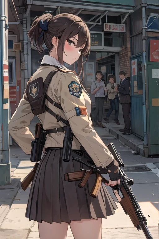   1 girl, Alone, Long Hair,  At the pub, skirt, Brown Hair,   Black Hair  , gloves, holding,   twin tails ,   Brown Eyes  ,     school uniform,   jacket, Full Body,   ponytail, arms, pleated skirt, shoes,   black gloves, socks,     fingerless gloves , holding arms, from side, gun, Check pattern, Knee-length, Check pattern skirt, brown footwear , white   jacket, black socks, , holding gun, rifle, tobacco, brown skirt, sniper rifle, Firing, Range  , Suppressor
