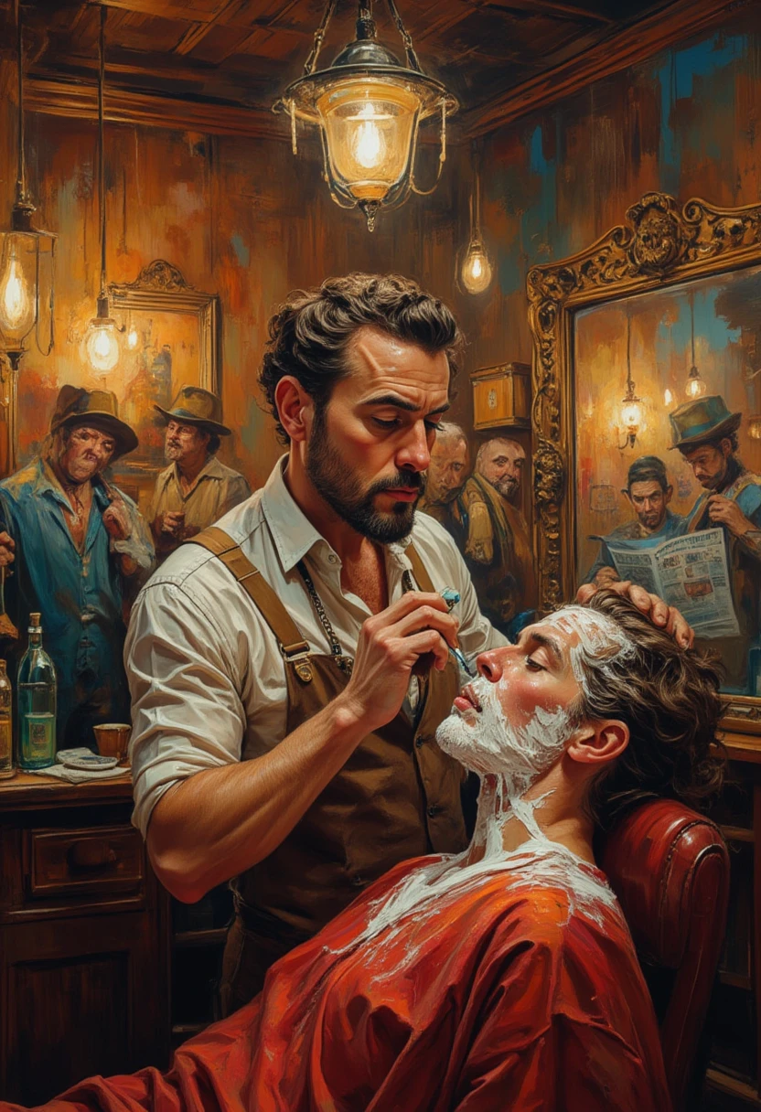 In a beautiful hippster style Barber Shop, Tannino the best barber in the country with mastery and concentration shave the beard to Don Fefè who has a face full of shaving foam in the background men with the coppola read the newspaper smoke and tell hilarious gossip about the country 