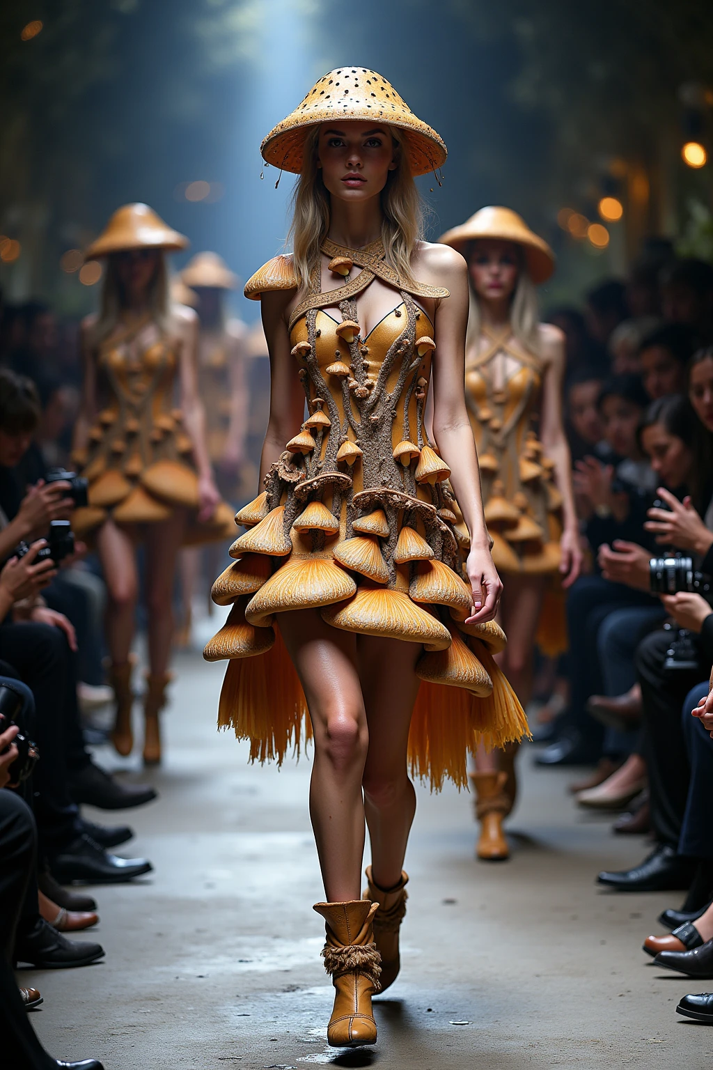 Imagine an avant-garde runway show featuring models wearing dresses made entirely of pineapple slices, showcasing the creativity and innovation in fashion design. The watermelon outfits could be adorned with intricate patterns or textures to create unique designs that exude style and individuality. In contrast, the models could wear white hair. --ar 69:128 --style raw --sref 695992723 405095850 2433968870 --personalize ae3yqyg --stylize 500 --weird 3 --v 6.1