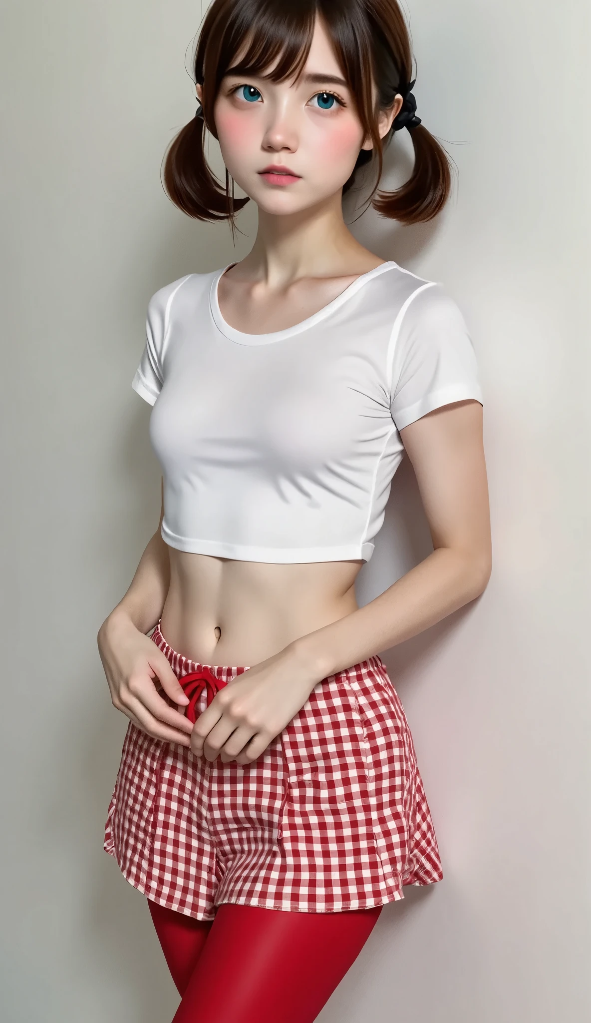   High image quality  、masterpiece、Realistic、  Perfect Anatomy, Teenage Girl ，cute***、超cute、Where's the hair  、Very short，、zoom、cute、Grey Eyes、、  twin tails、Glasses、  white t-shirt、(   gingham check culotte skirt:1.37)，Red Stockings、Red Garter Belt、belly button，blank，Black Light