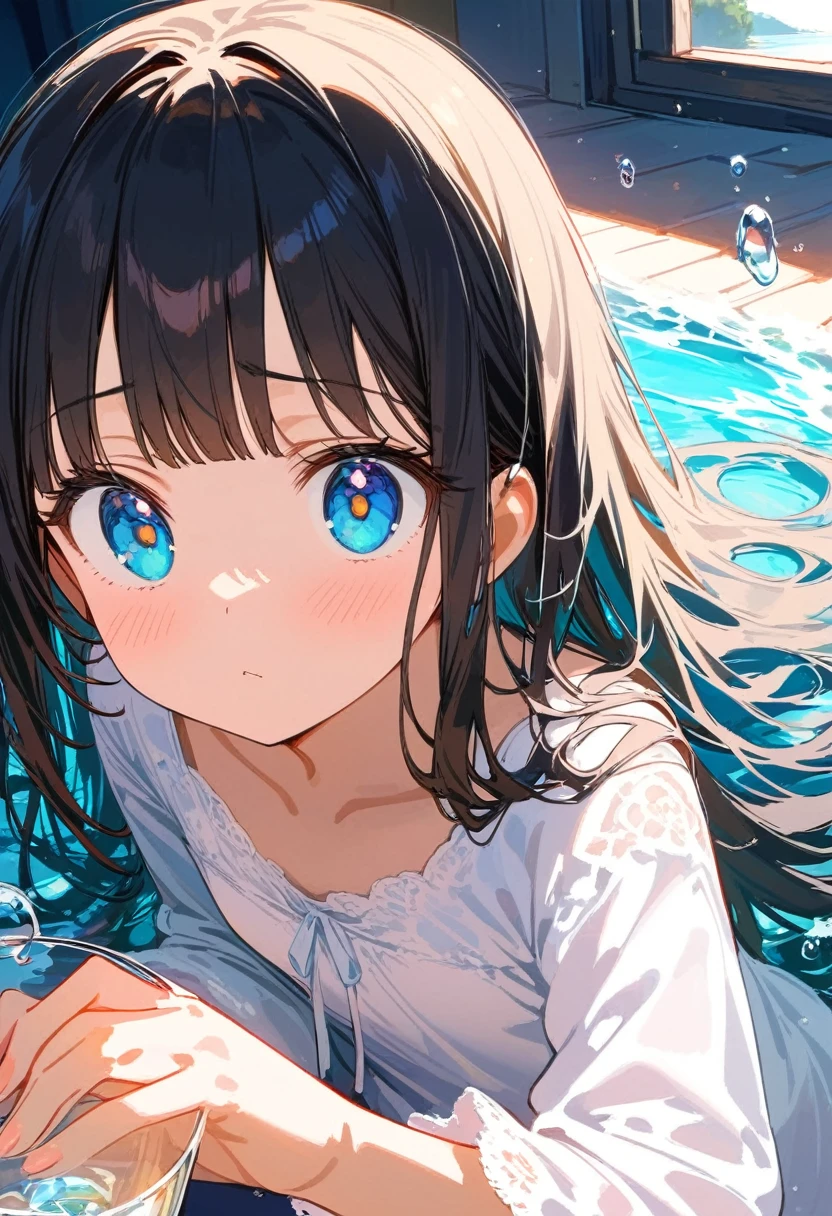 ((( black long hair))),masterpiece, best quality, extremely detailed, (illustration, official art:1.1), 1 girl ,((blush)) , cute face, big eyes, masterpiece, best quality,(((((a very delicate and beautiful girl))))),Amazing,beautiful detailed eyes,blunt bangs((long hair))),droopy eyes.(true beautiful:1.2), sense of depth,dynamic angle,,,, (true beautiful:1.2),,(flat chest),amazing, beautiful detailed eyes, blunt bangs , (true beautiful: 1.2), best quality, 8K, Digital painting, 1 girl, solo, stand up, youth hair, accessories, round pupils, Emotionless expression,  tareme、droopy eyes 、teenager,  futuristic, Frightened expression, embarrassed, (Young),Super detailed, 8K, glass, Water in a glass, Glass Crystals, bubble, Right blue water, nice, bright、Splash,Super detailed, 8k, Angelic, glass, Water in a glass, Flowers in a glass, bubble, Right Blue Water, nice, bright,Girl in glass,Mini Girl,Refraction of Light,Reflection of light,Dynamic Angle, Hold your hand