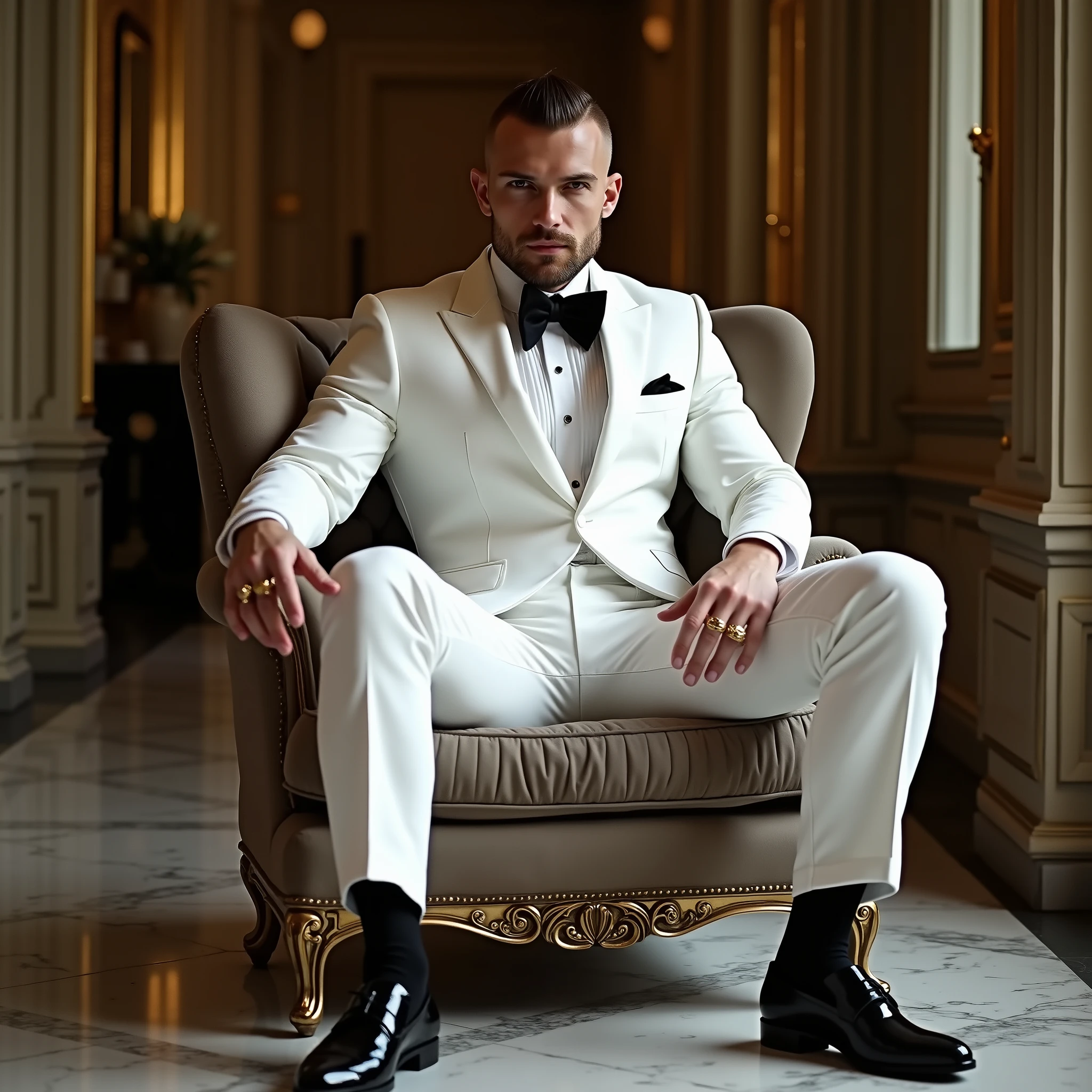 full view, full body, one over-muscular over-bodybuilded handsome white european guy with light-brown undercut haircut, very thin beard, no moustache, wearing white lycra full-suit looking like a tuxedo with black bow tie, black silky satin socks and black patent shoes, golden rings, waiting seated on armchair in the hall of luxurious palace hotel in Paris, shoes and black socks must be seen