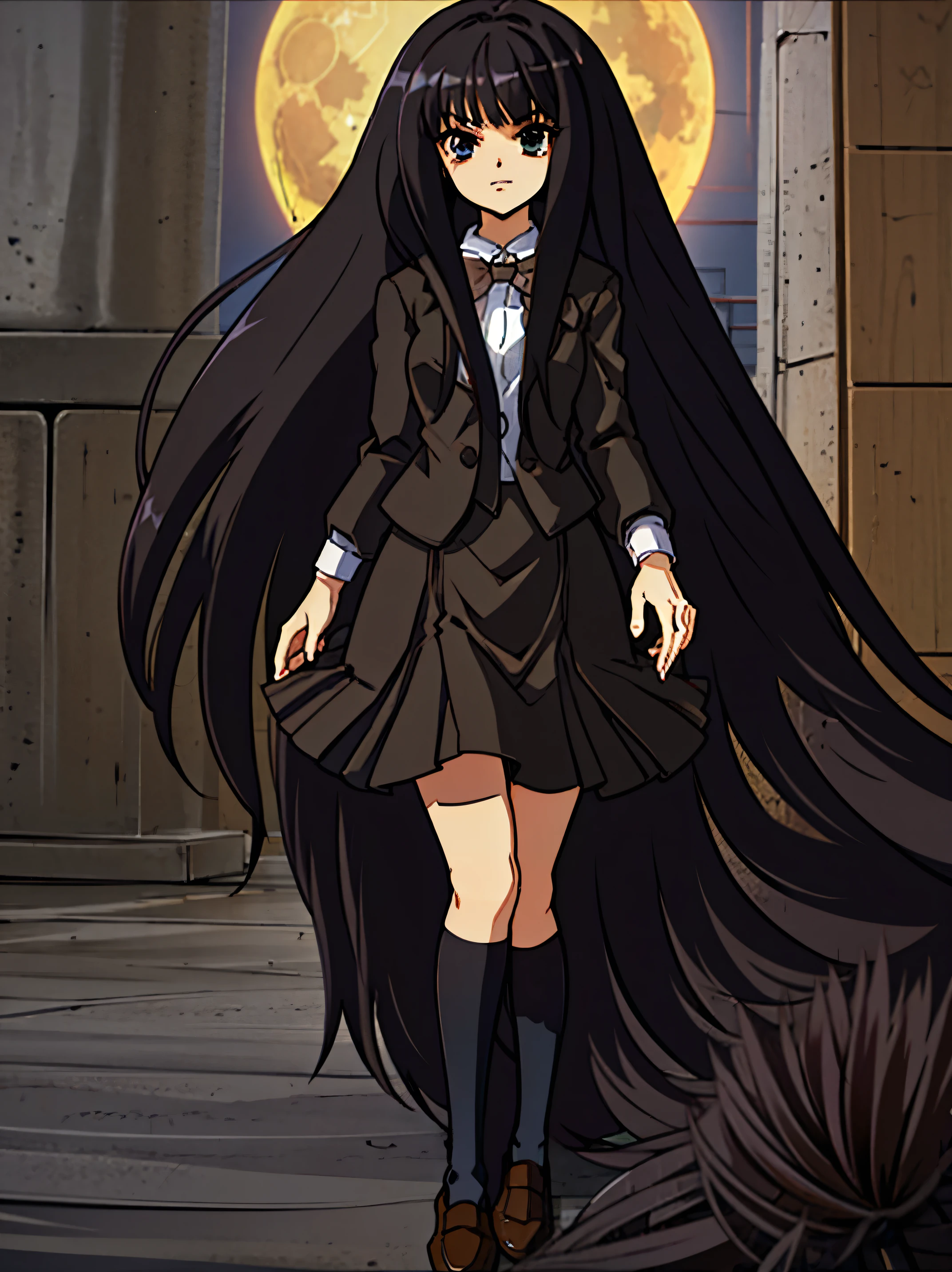 Beautiful girl, gorgeous long black hair, dark eyes, best quality, highres:1.2 wearing a brown blazer, winter school uniform, dark brown ribbon, looking at the viewer with a stern expression on a moon night, 16k, anime style, intricate details, line:-3, hyper detailed, sharpen, plain, masterpiece, intense gaze, full eyelashes, (black penny loafers), (black stockings), black skirt,