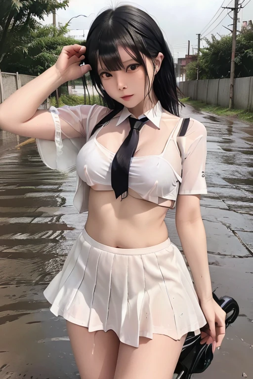   1 tall woman  , , (punk hairstyle  ,   Black Hair  ),   scary expression,   plump body  , blue eyes, One Piece Uniform, (   and I'm wearing a transparent white dress, Short sleeve, Light grey tie,),   the road is very muddy  , Perfect round breasts,    he was tired of falling into the rain    (  he's riding his bike in the middle of a muddy road  ),  Expression of fatigue   (  his uniform was wet in the rain  ), heavy rain (Rain at night), The skirt is also transparent , skirt dances in the wind、I can see your panties、   black lace panties  ,  his uniform was wet   (  his uniform was wet  ),the skirt is also wet,   night sky background  , Best Shot.