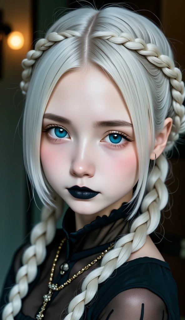  best quality、masterpiece、RAW Photos、 film grain 、８ｋ、  super high definition 、 Very cute girl 、Albino Girl、Pale face_eye_lips、Black Lips、Highly detailed eyes and face、Gray Hair:1.37、french braid:1.48、Pale skin、Light-pigmented eyes、 Gothic Fashion 、Black Costume