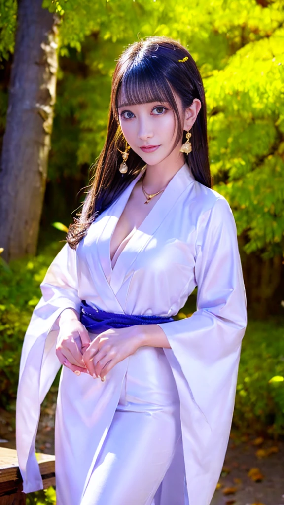  Digital Illustration , (Realistic:1.3),(RAW Photos.), (Tabletop,Best Quality, ULTRA RESOLUTION OUTPUT IMAGE ,) (8K quality,),( Picture Mode Ultra HD ,),( Picture Mode Ultra HD )（white kimono with luxurious embroidery 2.5）（Black Hair、golden hair ornament 1.8）（In the forest at night、There are many trees with autumn leaves、Fallen leaves dance 3 .1）