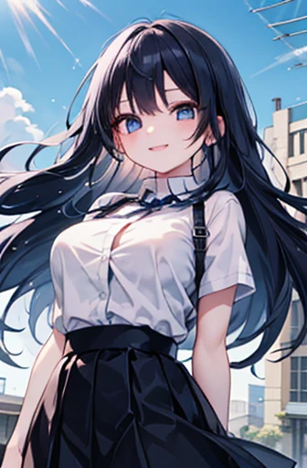 (Cute older sister:1.3)、Long eyelashes、smile,Spring atmosphere、noon、Aggressive、hot、((Strong winds))、Black Skirt、Shining Eyes、Light blue Y-shirt、Cafe,Large Breasts