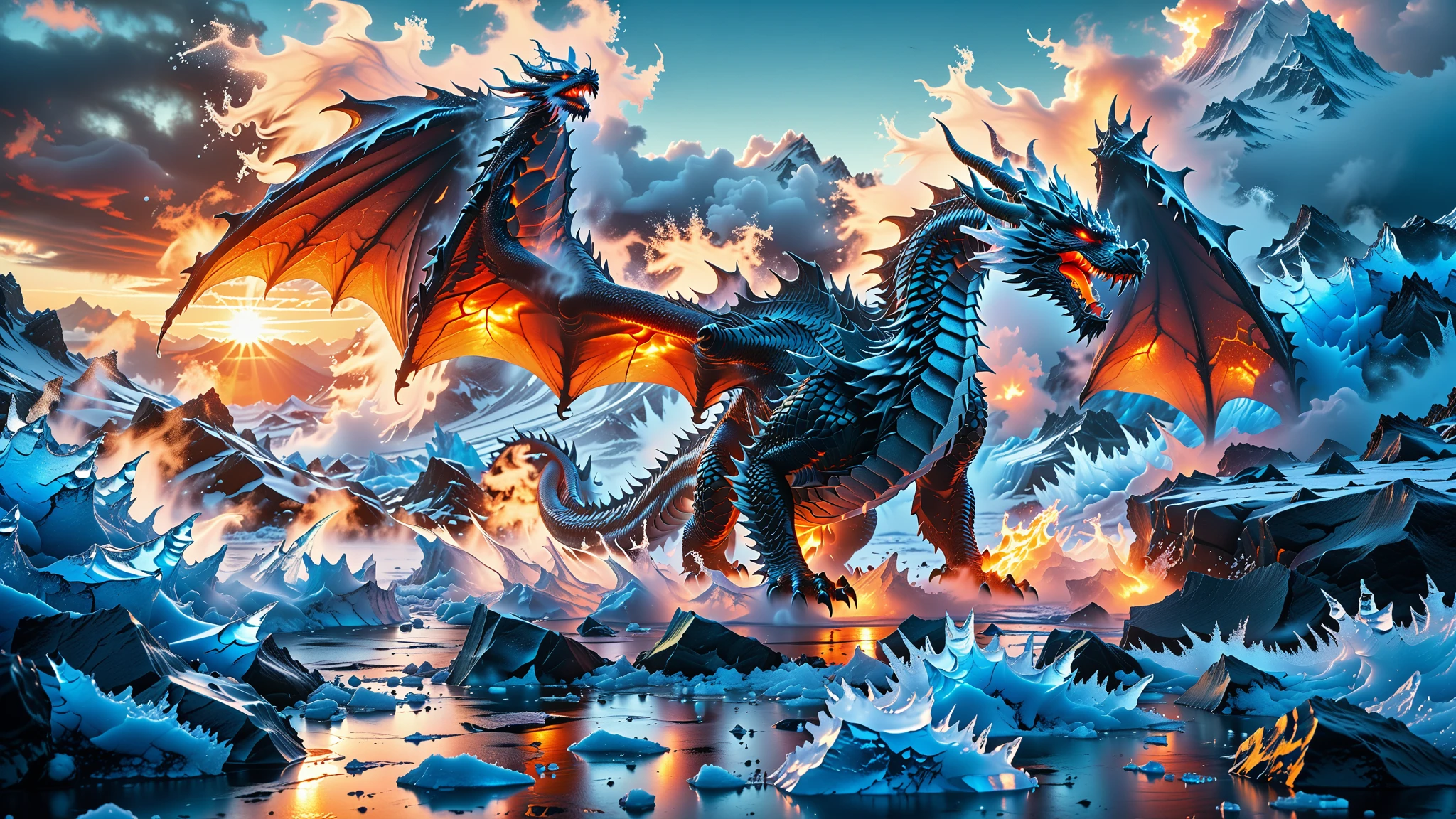 A Masterpiece In 32K Resolution, Supreme Quality, Super Detail, Official Art, Very High-Resolution 32K Wallpaper, Beautiful And Aesthetic, Ultra-Detailed Features, Awe-Inspiring Detail. Set On An Ice-Covered Volcano, Jagged, Frozen Rocks Are Covered With Thick Layers Of Snow, And Steam Rises From Cracks In The Ice. The Dragon, Erupting From The Glacier-Like Peak, Is An Enormous Creature Of Ice And Snow, Its Wings So Large They Stretch Across The Sky. The Dragon's Frosty Breath Fills The Air With A Cold Mist, And The Surrounding Ice Glows In The Light Of The Rising Sun.