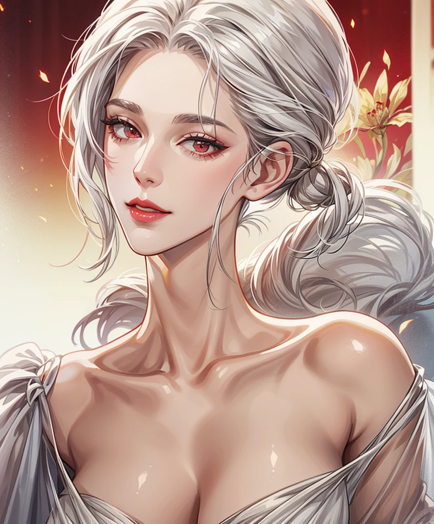 1girl, solo, jewelry, earrings, japanese clothes, kimono, hair ornament, tattoo, collarbone, single hair bun, white hair,off shoulder,hair stick,hair over one eye,breast tattoo, upper body, parted lips,looking at viewer,huge breasts,shiny,shiny skin,bad-girl,((mature female))