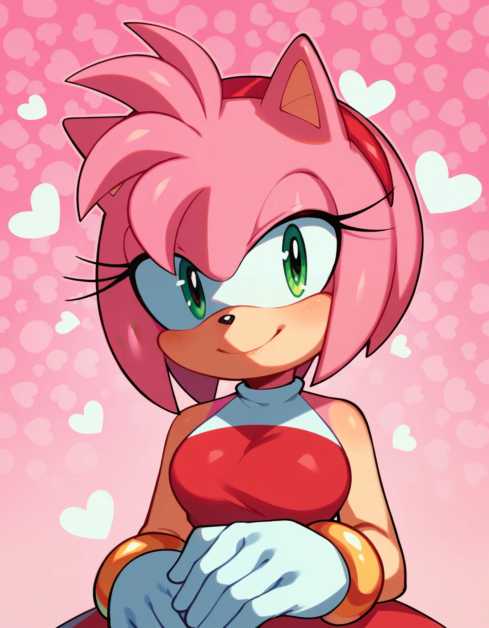 score_9, score_8_up, score_7_up, amy rose, sonic \(series\), 1girl, solo, portrait, looking at viewer, smile, red dress, pink gradient backgroud, heart pattern background 