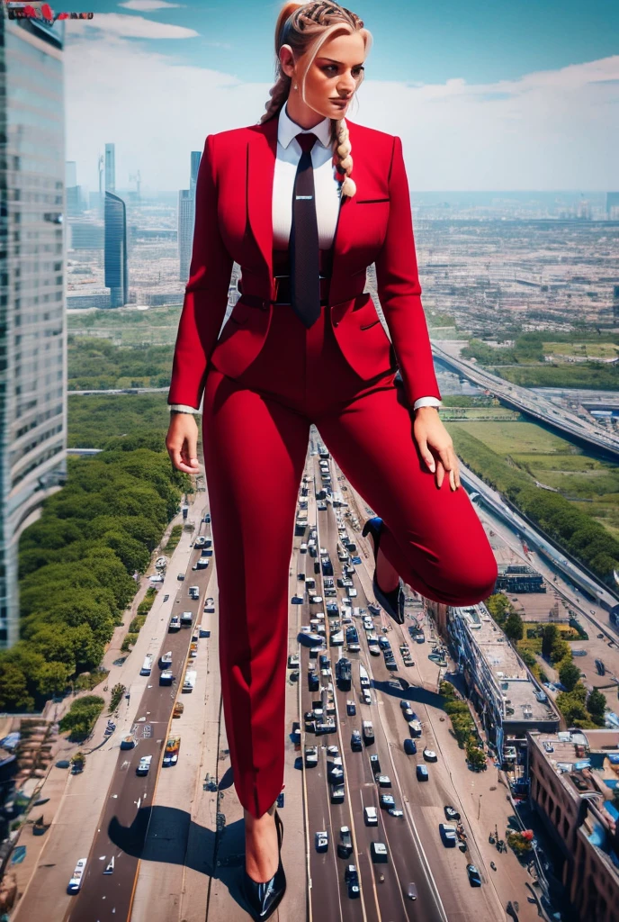 Highly detailed Giantess shot, Giantess,  blonde hair in a braided ponytail, women who are 100’s miles tall, feet dwarfing a skyscraper, big breasts, perfect dark red trouser suit and form fitting crisp white shirt, thick extra wide black necktie, windsor knot, high heels, very small metropolis, miniature metropolis, crush the big city, full body description, ＧＴＳ, Giga Goddess, Stomping City, crash city, micro city, High resolution, highest quality, masterpiece, 