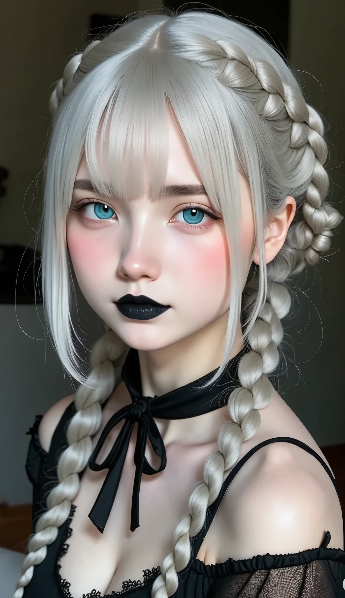  best quality、masterpiece、RAW Photos、 film grain 、８ｋ、  super high definition 、 Very cute girl 、Albino Girl、Pale face_eye_lips、Black Lips、Highly detailed eyes and face、Gray Hair:1.37、french braid:1.48、Pale skin、Light-pigmented eyes、 Gothic Fashion 、Black Costume