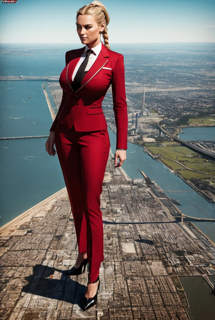 Highly detailed Giantess shot, Giantess,  blonde hair in a braided ponytail, women who are 100’s miles tall, feet dwarfing a skyscraper, big breasts, perfect dark red trouser suit and form fitting crisp white shirt, thick extra wide black necktie, windsor knot, high heels, very small metropolis, miniature metropolis, crush the big city, full body description, ＧＴＳ, Giga Goddess, Stomping City, crash city, micro city, High resolution, highest quality, masterpiece, 