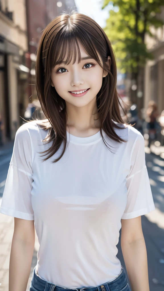 cute,  アイドルのようにcute16歳少女、Smiling Kindly、((She is short, 150cm tall.))、(Large Breasts)、(((No bra and a white see-through blouse)))、Cleavage、Walking on urban sidewalks、Natural light、RAW Photos、Genuine、live-action、realism、masterpiece、RAW Photos、High resolution