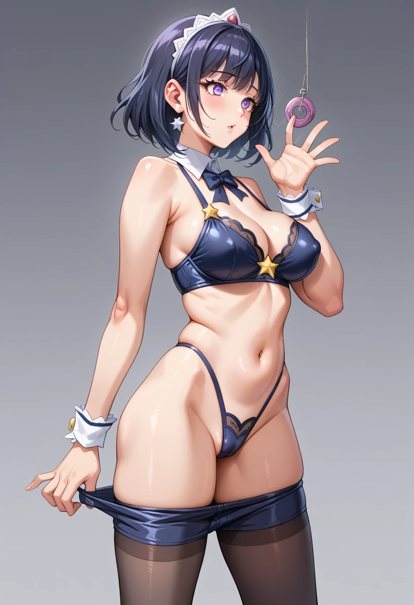 (hypnotism, Hypnotic state), (Very beautiful woman), (Mature Pretty Cure All Stars),  model-like figure , Intellectual beauty, masterpiece,   best quality,   best quality, 16k, Delicate and dynamic, Very Empty Expressions , Delicate eye depiction,  purple eyes, Transparent black bodysuit,  navy bra,  navy blue panties ,  navy enamel high heels , (A powerful aphrodisiac, Pretty Cure for Sex Addicts ), ( dark magical girl), Dark Theme,  absurd, corruption, (Dark Side), (Camel Toe:0.9), (Armpit hair:0.5), (pubic hair:0.9), Shiny, Intense masturbation, Compensate, Obscene language, classroom, ( cowboy shot), (intricate detail),  Randomly Change Obscene Poses , 