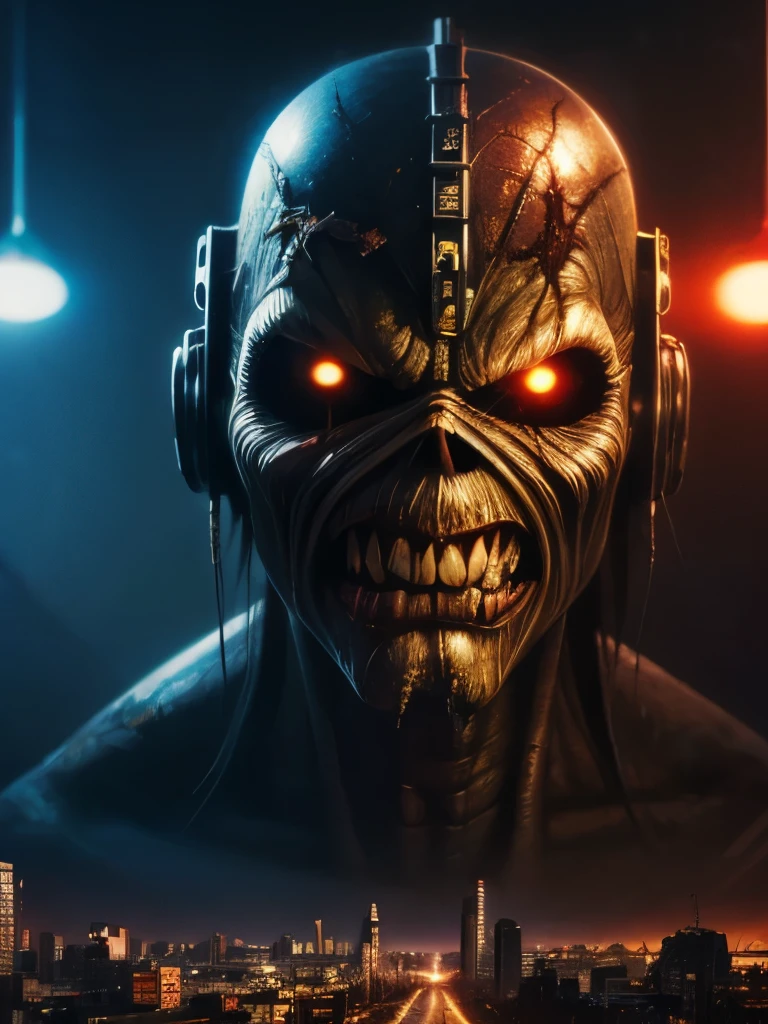 a close up of a futurístic robot, cyberpunk style, . 1 9 8 0's heavy metal album art, iron maiden, Eddie , iron maiden album cover, cheesy iron maiden motifs, metal album cover art, thrash metal, heavy metal artwork, maiden, heavy metal art style, hd wallpaper, angry rotting zombie, by Ignacio Zuloaga. (((Moderno city background, cinematic neon lighting)))